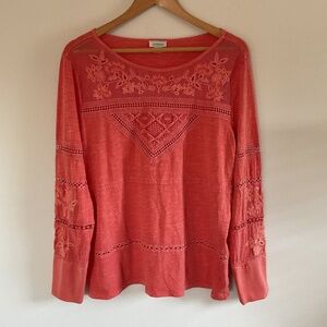 Sundance Crochet Embroidered Long Sleeve Cotton Cut Out Top Coral Orange Sz L